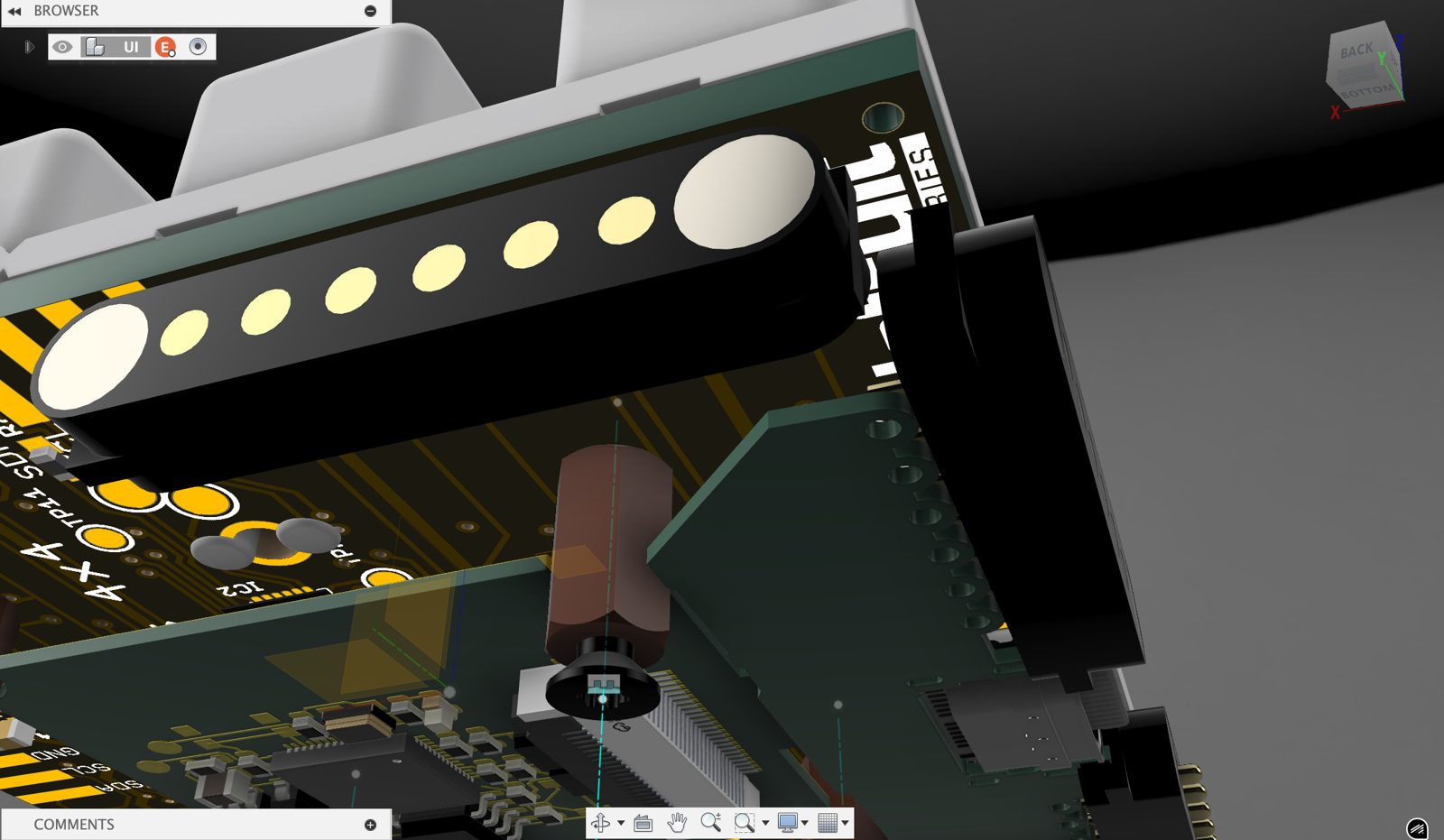 The stacked PCBs in CAD