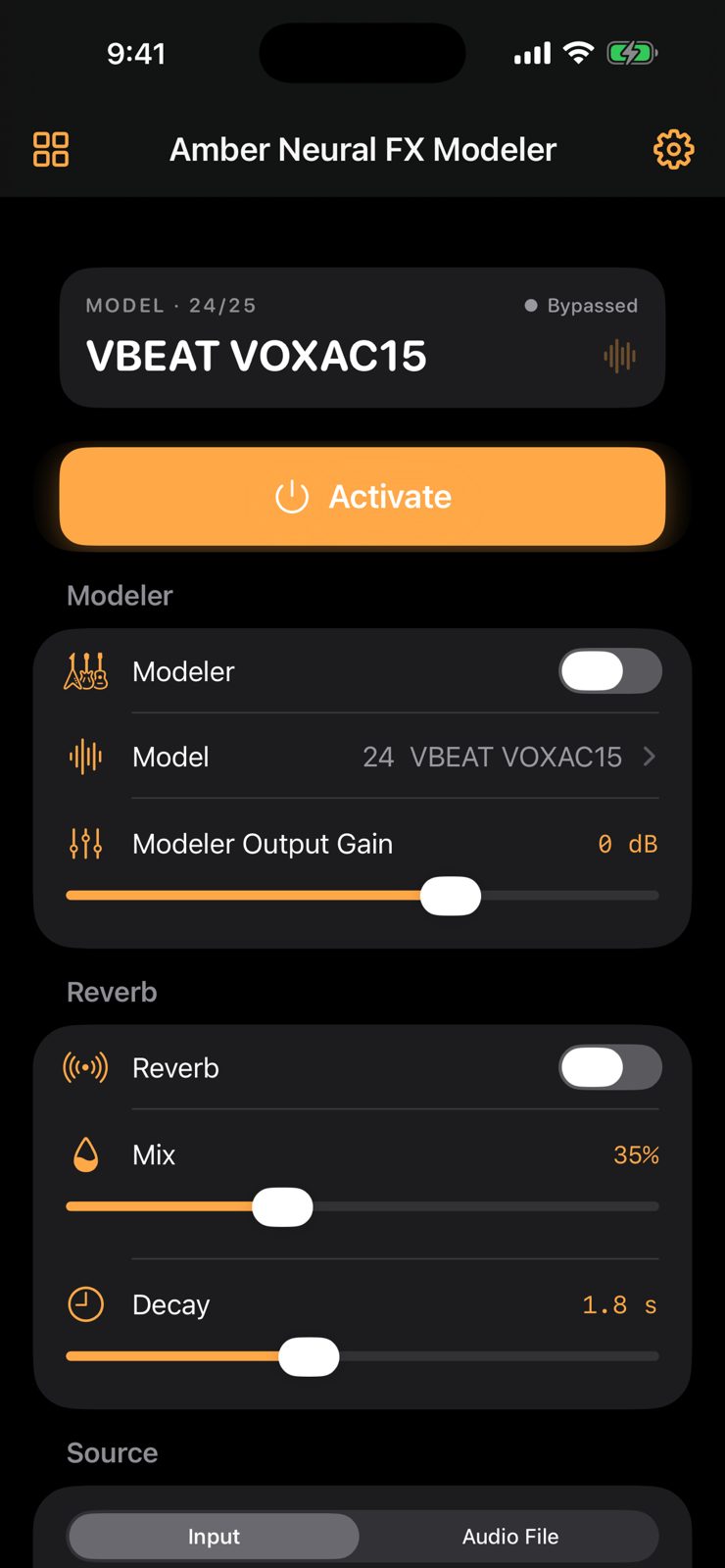 Amp screen: model, modeler output gain, reverb mix and decay