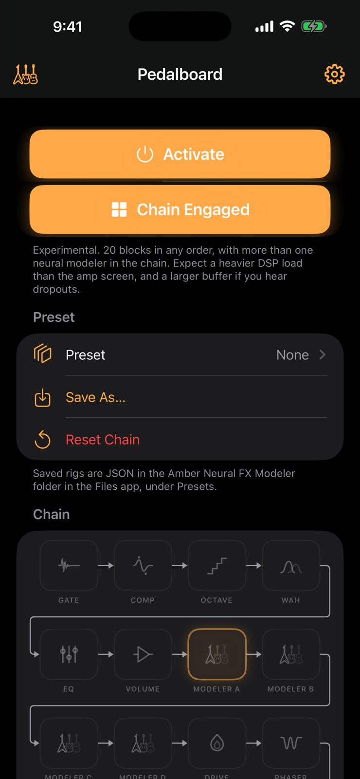 Pedalboard screen: presets and the effect chain