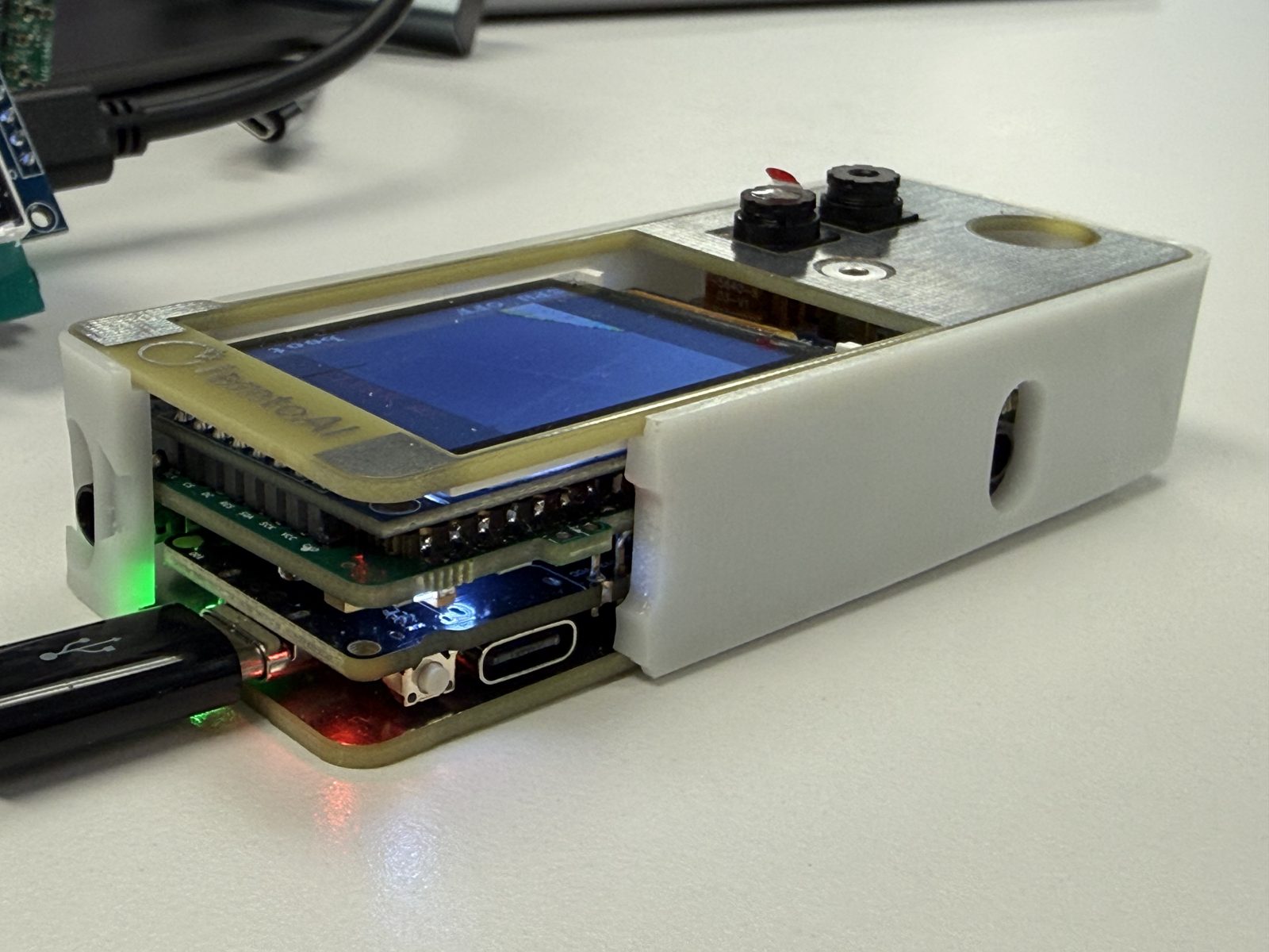 In the printed enclosure, screen lit